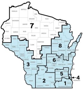 Map of Wisconsin voting districts. District 7 highlighted.